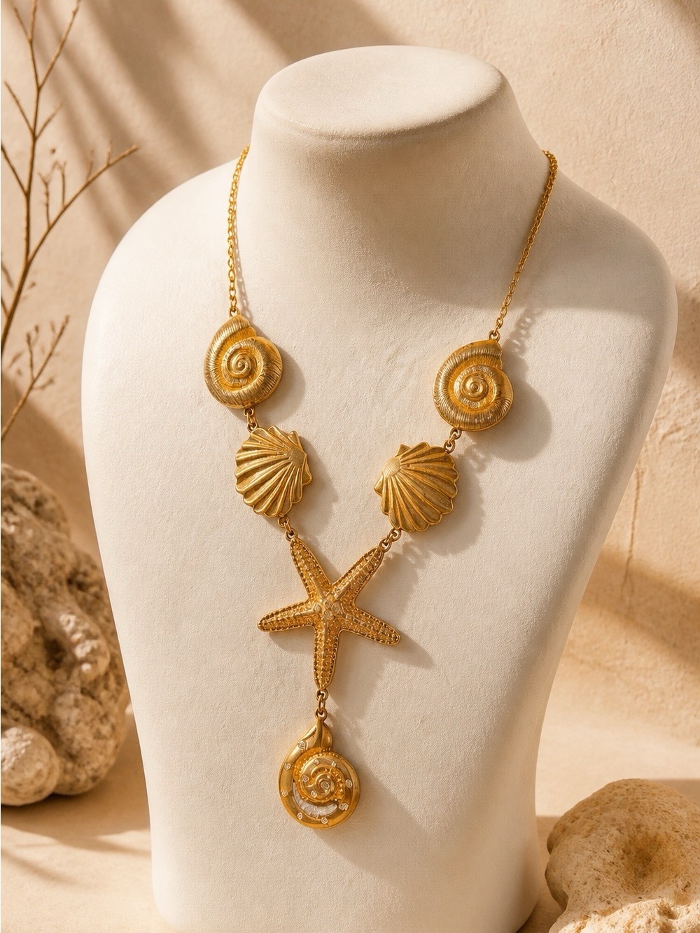 Gold Seashell & Starfish Statement Necklace